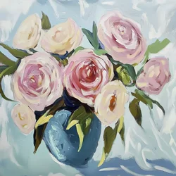 Des roses roses dans un vase bleu
