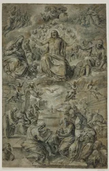 Dispute du Saint-Sacrement avec la Trinité planant dans le ciel