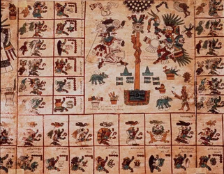 Représentation de divinités aztèques et cases correspondant au calendrier. Page du manuscrit aztèque sur écorce « Codex Borbonicus », codex indigène précolombien du centre du Mexique, fin du XVe siècle. Bibliothèque de l