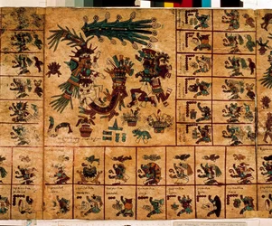 Représentation de divinités aztèques et cases correspondant au calendrier. Page du manuscrit aztèque sur écorce "Codex Borbonicus", codex indigène précolombien du centre du Mexique, fin du 15e siècle. Bibliothèque de l