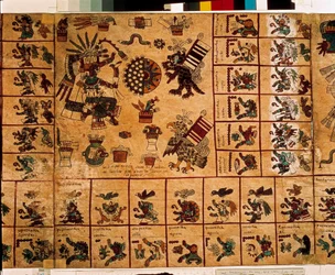 Représentation de divinités aztèques et de cases correspondant au calendrier. Page du manuscrit aztèque sur écorce « Codex Borbonicus », codex indigène précolombien du Mexique central, fin du XVe siècle. Bibliothèque de l
