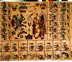 Représentation de divinités aztèques et cases correspondant au calendrier. Page du manuscrit aztèque sur écorce « Codex Borbonicus », codex indigène précolombien du centre du Mexique, fin du XVe siècle. Bibliothèque de l