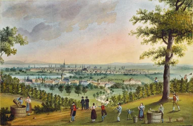 Fête des vendanges dans les vignobles au-dessus de Heiligenstadt, surplombant Vienne ... (gouache)