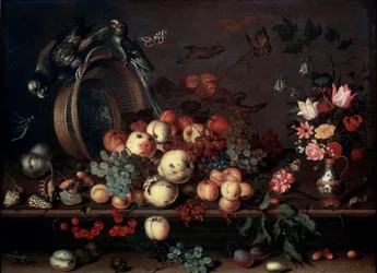 Nature morte avec fruits, fleurs et perroquets