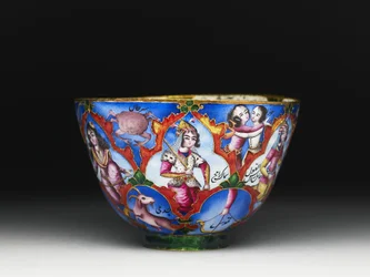 Bol avec couvercle, soucoupe et cuillère avec décoration astrologique, début du 19e siècle