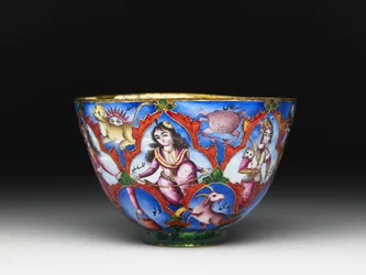 Bol avec couvercle, soucoupe et cuillère avec décoration astrologique, début du 19e siècle