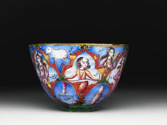 Bol avec couvercle, soucoupe et cuillère avec décoration astrologique, début du 19e siècle