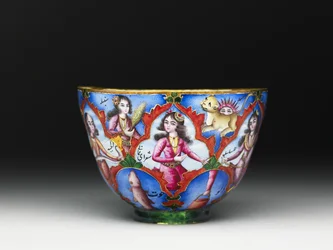 Bol avec couvercle, soucoupe et cuillère avec décoration astrologique, début du 19e siècle