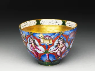 Bol avec couvercle, soucoupe et cuillère avec décoration astrologique, début du 19e siècle