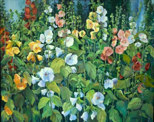 Roses trémières, vers 1990-2005 (huile sur toile)