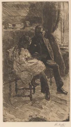 Intérieur avec un homme et une fille lisant un livre ensemble