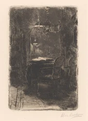 Intérieur avec miroir et table avec livre ouvert