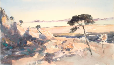 Paysage : Arbre avec montagnes roses