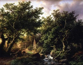 Paysage boisé avec une chapelle