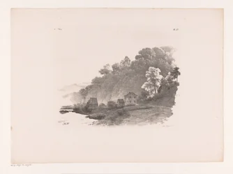 Paysage vallonné avec rivière, chemin de campagne et maisons
