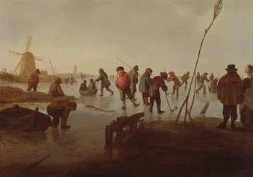 Personnages patinant sur une voie navigable gelée