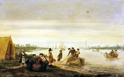 Scène fluviale avec des pêcheurs tirant des filets