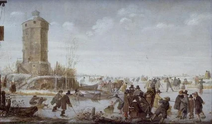 Patineurs et figures élégantes avec des traîneaux tirés par des chevaux sur une rivière gelée près d