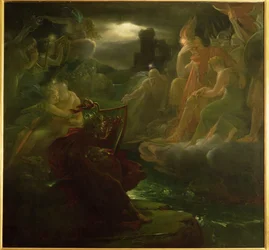 Ossian invoquant les esprits sur les rives de la rivière Lora avec le son de sa harpe