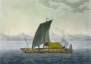 Un radeau quittant le port de Guayaquil, Équateur, tiré de « Le Costume Ancien et Moderne », volume II, planche 9, par Jules Ferrario, gravé par Paolo Fumagalli, publié vers les années 1820-30
