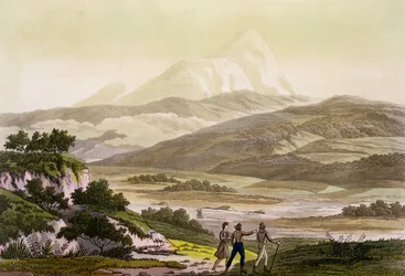 Mont Cayambe, Équateur, extrait de « Le Costume Ancien et Moderne », volume II, planche 3, par Jules Ferrario, gravé par Paolo Fumagalli, publié vers les années 1820-1830