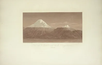 Vue du Chimborazo et du Carguairazo, dessinée par Gmelin, gravée par Arnold, illustration tirée de «Vues des Cordillères et Monumens des Peuples Indigènes de l