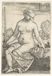 Judith, nue assise avec une épée dans la main droite, regardant la tête d