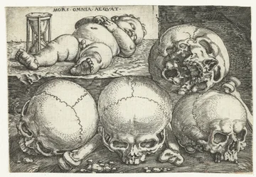 Enfant endormi avec un sablier et quatre crânes