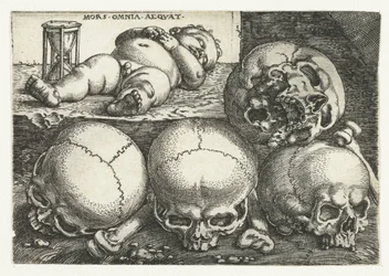 Enfant endormi avec un sablier et quatre crânes