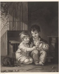 Deux enfants avec des lapins (Mange mon petit, mange)