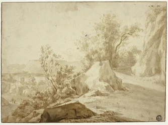 Rochers et chemin de montagne, figures et ville en bas
