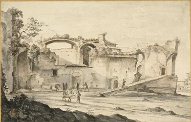 Voyageurs devant une ruine