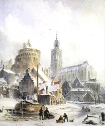 Enfants jouant sur une rivière gelée, cathédrale de Deventer au-delà