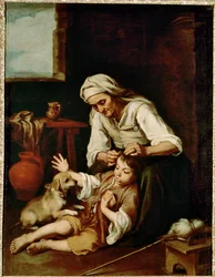 Vieja espulgando a un nino - une vieille femme nettoyant les cheveux d