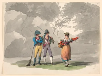 Une femme et deux hommes avec des fusils. Costumes du Royaume de Naples