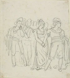 Chef de brigade retenu par une femme (recto) ; Esquisse de deux personnages dans un paysage (verso)