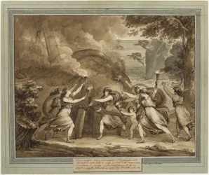 Cupidon conseille à Calypso de mettre le feu au navire de Mentor, du livre 7 des Aventures de Télémaque