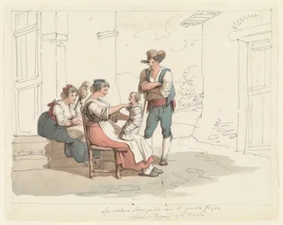 Scène familiale avec une mère et son enfant, illustration pour «Costumes et coutumes romains»