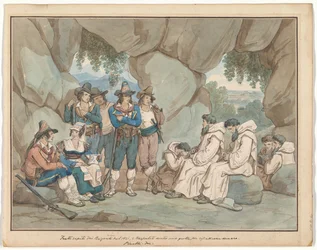 « Frati » capturé par des brigands et détenu dans une grotte, illustration pour Costumes et coutumes romains
