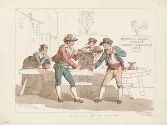 Jeu de la morra dans une osteria romaine, illustration pour Costumes et coutumes romains