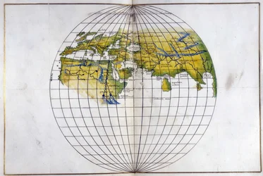 Eger. 2854. f.14v-15 Carte hémisphérique du vieux monde, de l