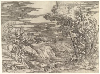 Paysage avec un cavalier et son palefrenier