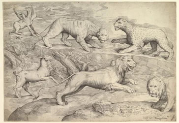 Six animaux, y compris des lions, un tigre, un léopard, un griffon et une chèvre