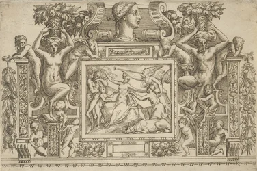 Femme assise avec les bras étendus, personnification de la Renommée avec une trompette à droite...