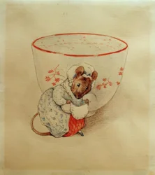 Madame Souris fait une révérence devant une tasse de thé