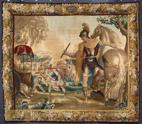 Le roi Alexandre le Grand (356-323 av. J.-C.) brûla tous les bagages inutiles avant son voyage en Inde. Tapisserie des manufactures de Bruxelles. 16ème siècle, Gênes, Musei di Strada Nuova