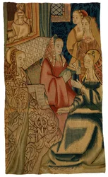 Fragment de tapisserie représentant cinq dames, réalisé possiblement à Bruxelles, Belgique, vers 1500 (laine)
