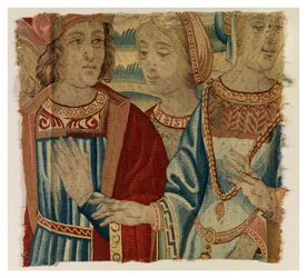 Fragment de tapisserie représentant un homme et deux femmes, réalisé possiblement à Bruxelles, Belgique, début du XVIe siècle (laine et soie)