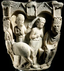 Salomon et la Reine de Saba, relief du capital, Cathédrale de Parme, Italie