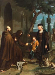 Colomb aux portes du couvent de Santa Maria de la Rabida demandant du pain et de l
